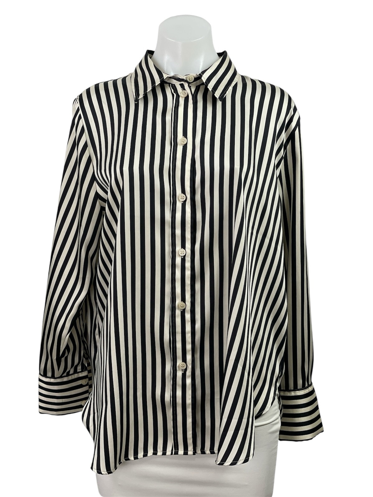 H&M Women's Black White Striped Collar Long Sleeve Button Down Tunic Shirt Top L